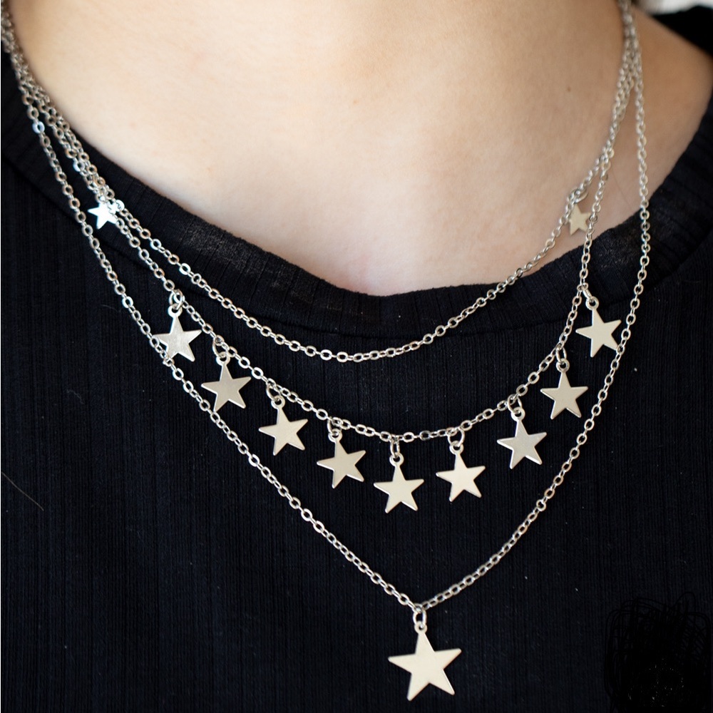 NEW Boutique Silver Star 3 Tier Chain Festival Holiday Necklace & Earrings